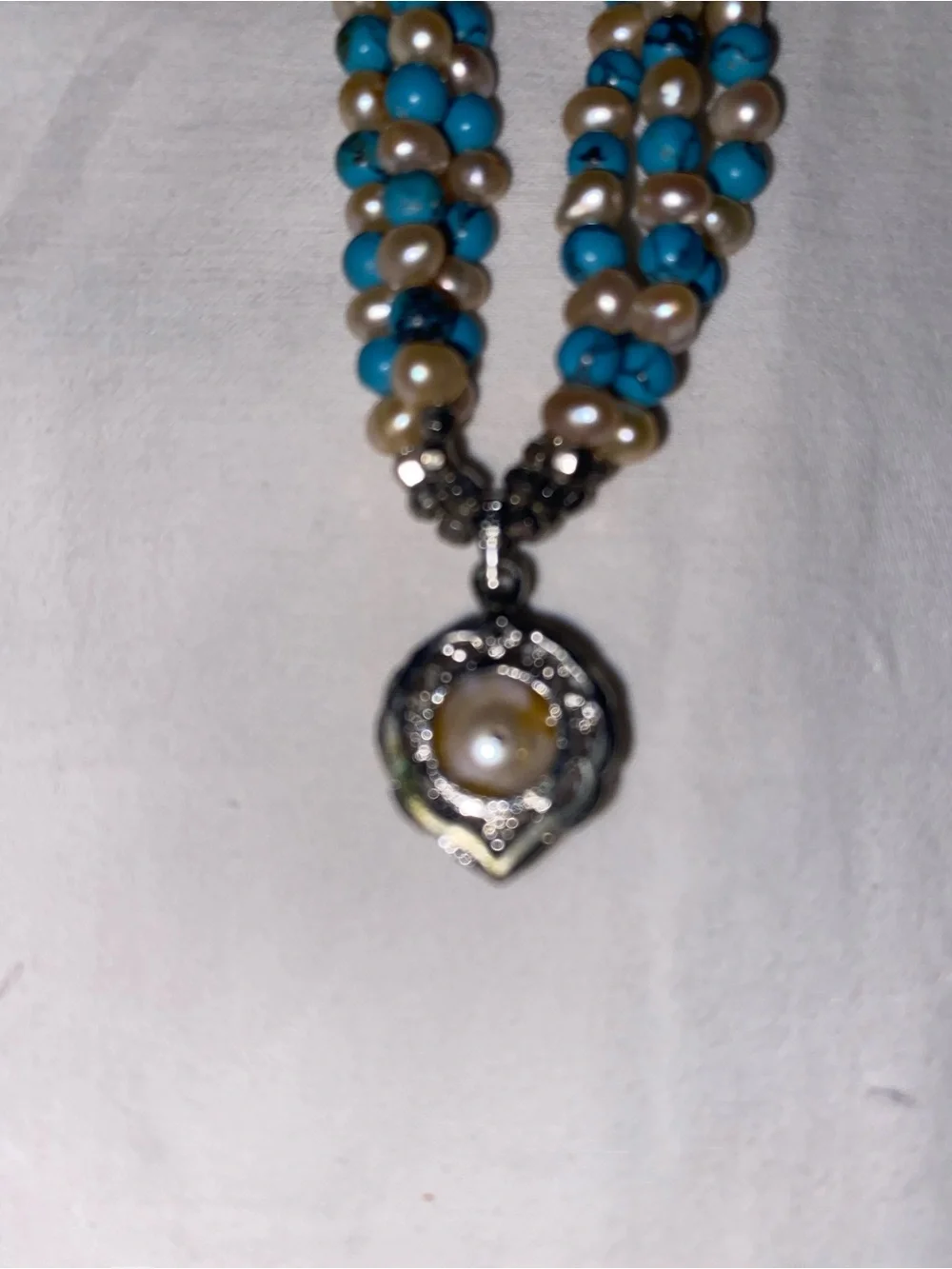 Turquoise Beaded Pearl-Accent Necklace with Silver-Tone Details - Picture 5 of 7